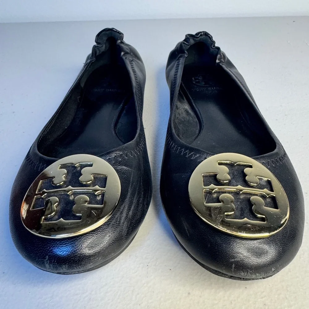 Tory Burch Reva Black Leather Ballet Flats Gold Monogram Logo Womens 6